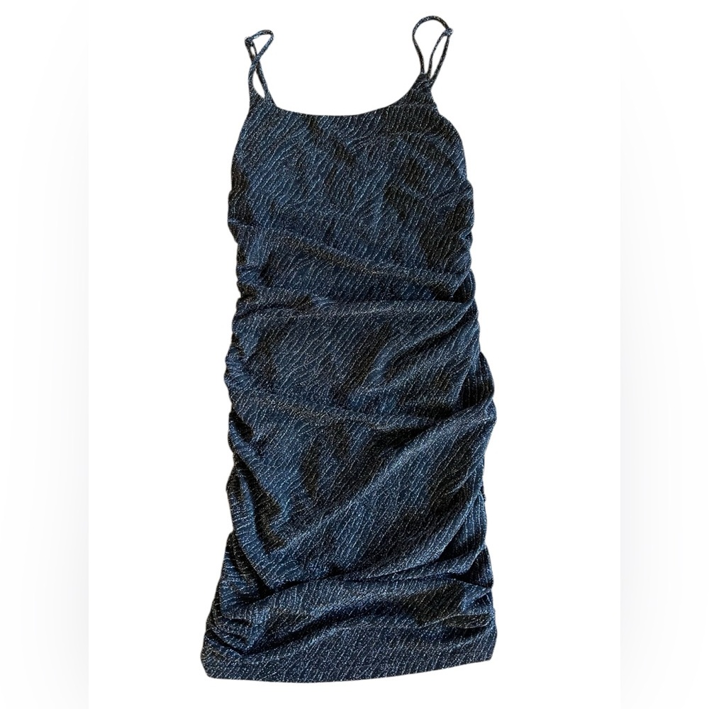 STORIA Ruched-Back Sparkly Bodycon Party Black Metallic Sexy L Dress Stretch NYE